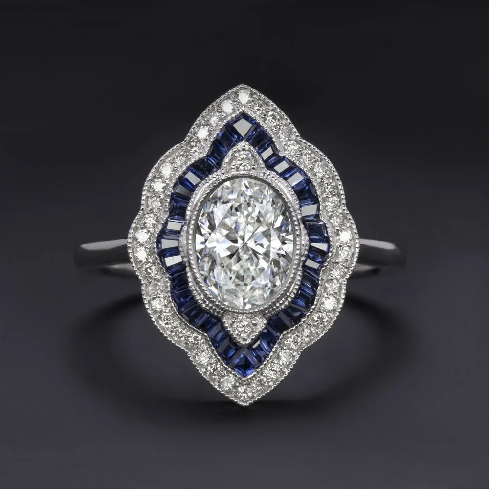 DIAMOND SAPPHIRE COCKTAIL RING GIA CERTIFIED VINTAGE STYLE DOUBLE HALO OVAL 1ct