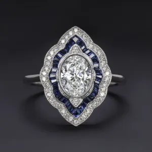 DIAMOND SAPPHIRE COCKTAIL RING GIA CERTIFIED VINTAGE STYLE DOUBLE HALO OVAL 1ct