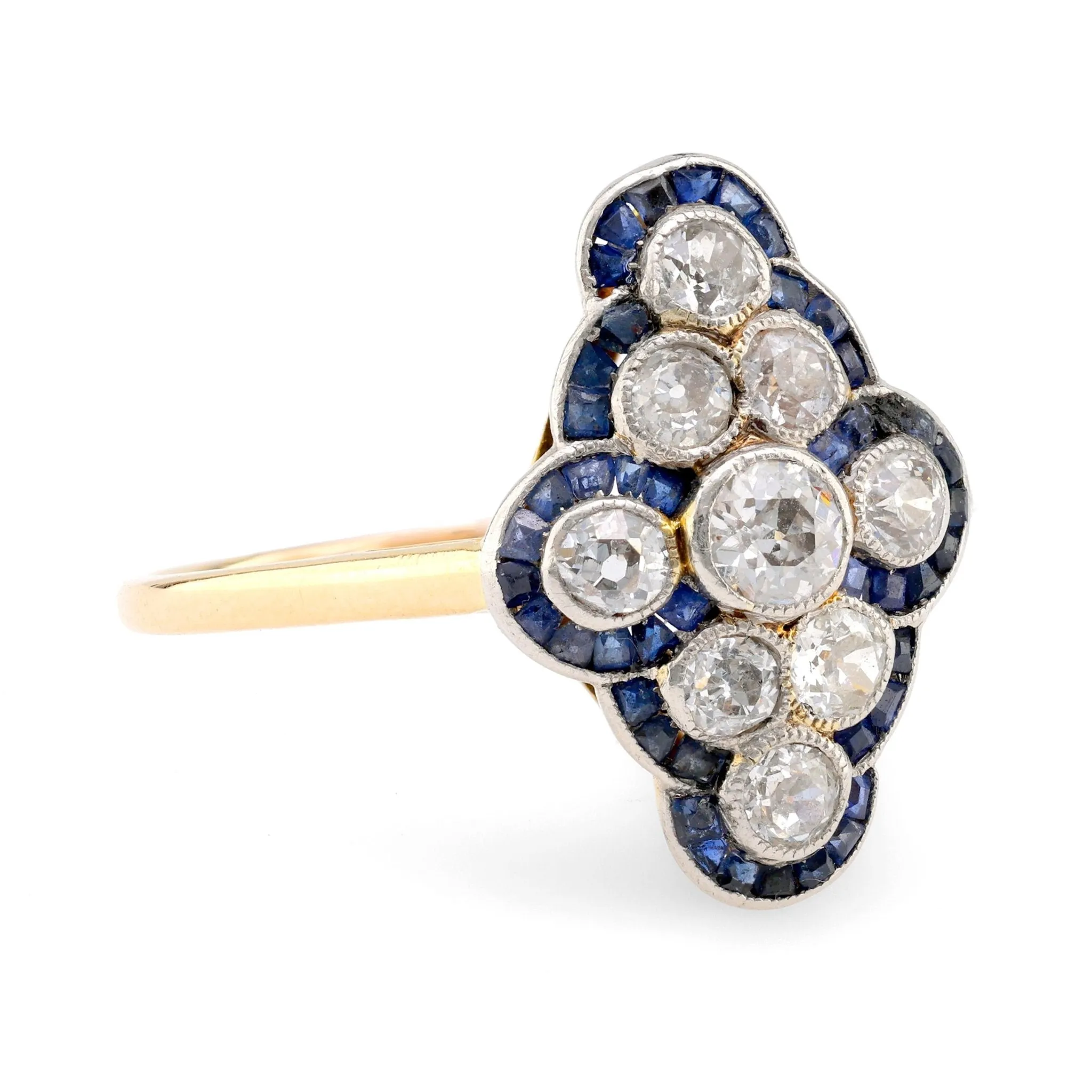 Edwardian Diamond Sapphire 18K Yellow Gold Navette Ring