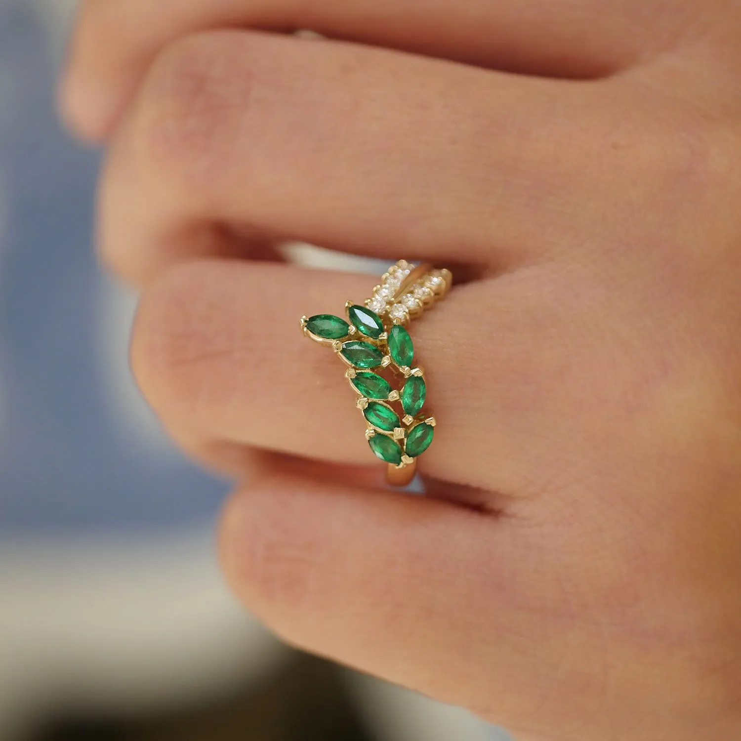 Emerald & Diamond Leaf Ring