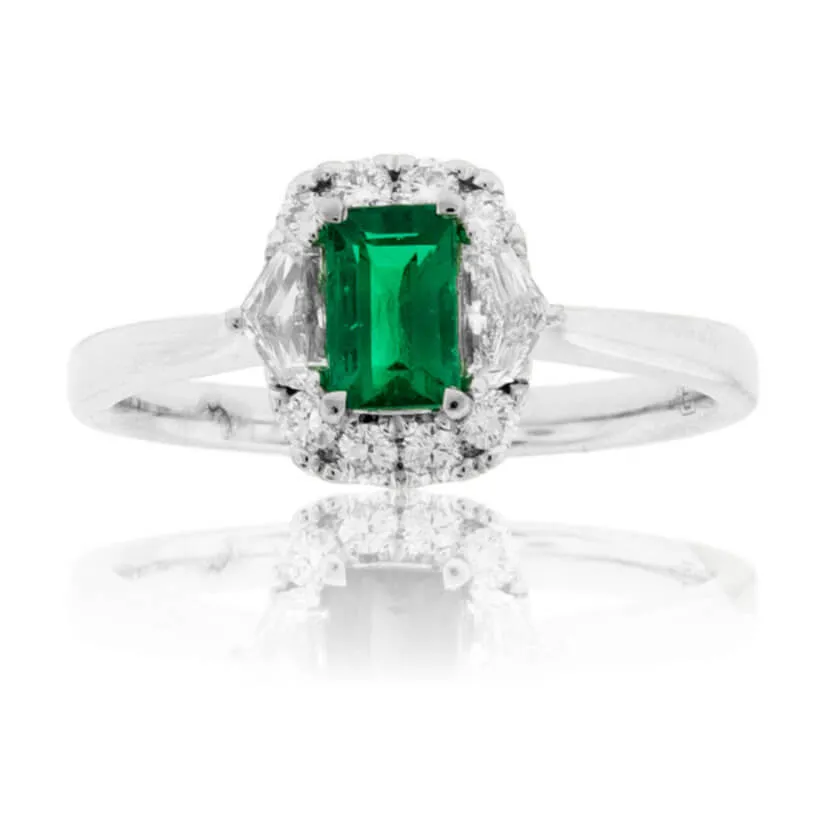 Emerald-Cut Emerald & Diamond Halo Accented Ring