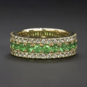 EMERALD DIAMOND 3 ROW WIDE BAND NATURAL 14k YELLOW GOLD NATURAL COCKTAIL RING