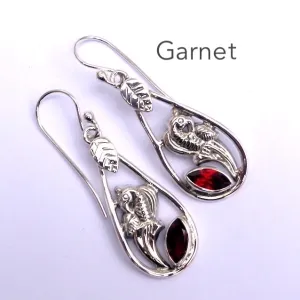 Garnet Earrings, Faceted Marquis, Floral Pattern 925 Silver