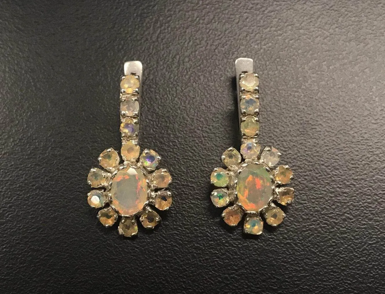 Genuine Opal Earrings - Victorian Flower Earrings - Long Vintage Earrings