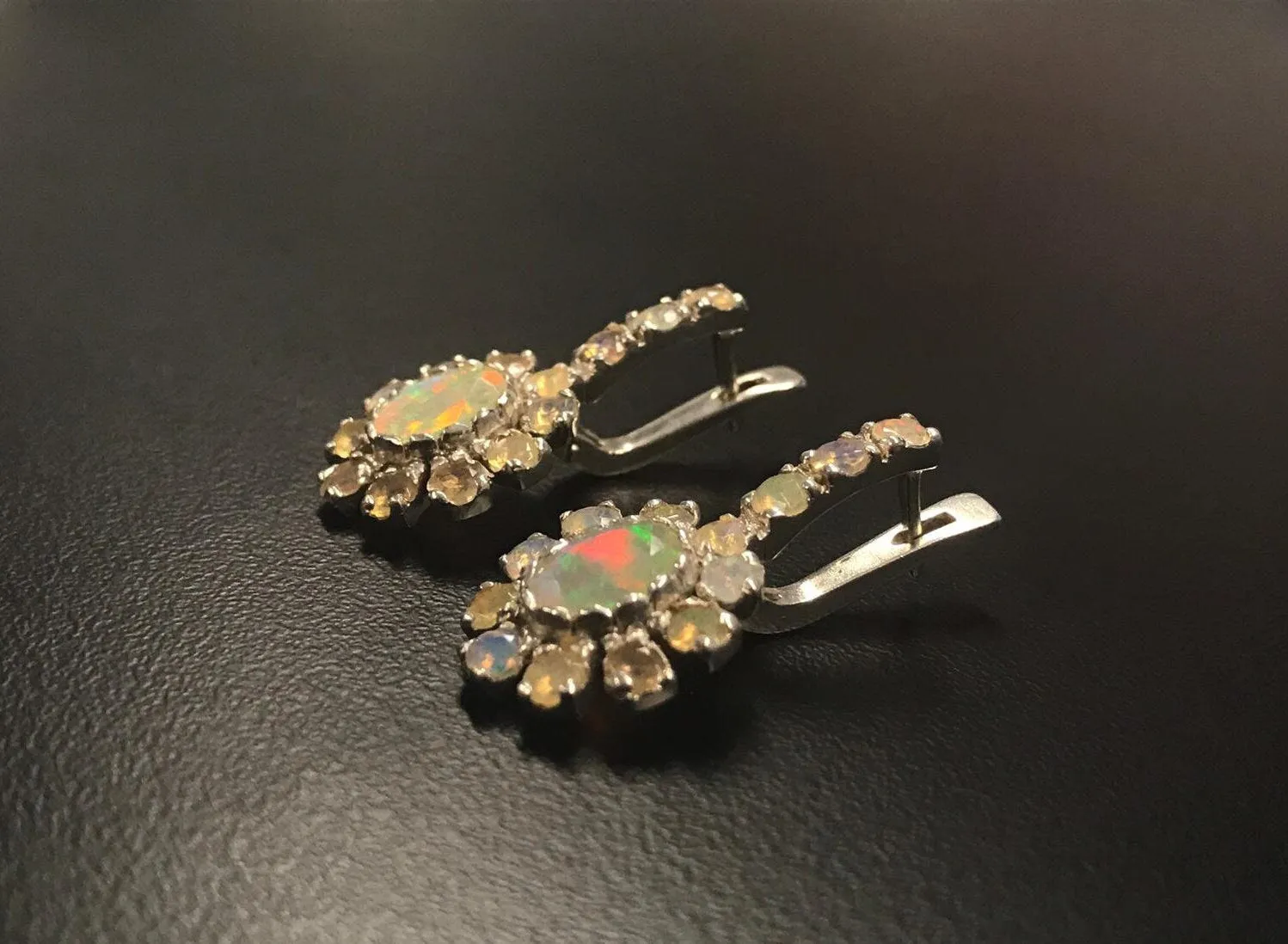 Genuine Opal Earrings - Victorian Flower Earrings - Long Vintage Earrings