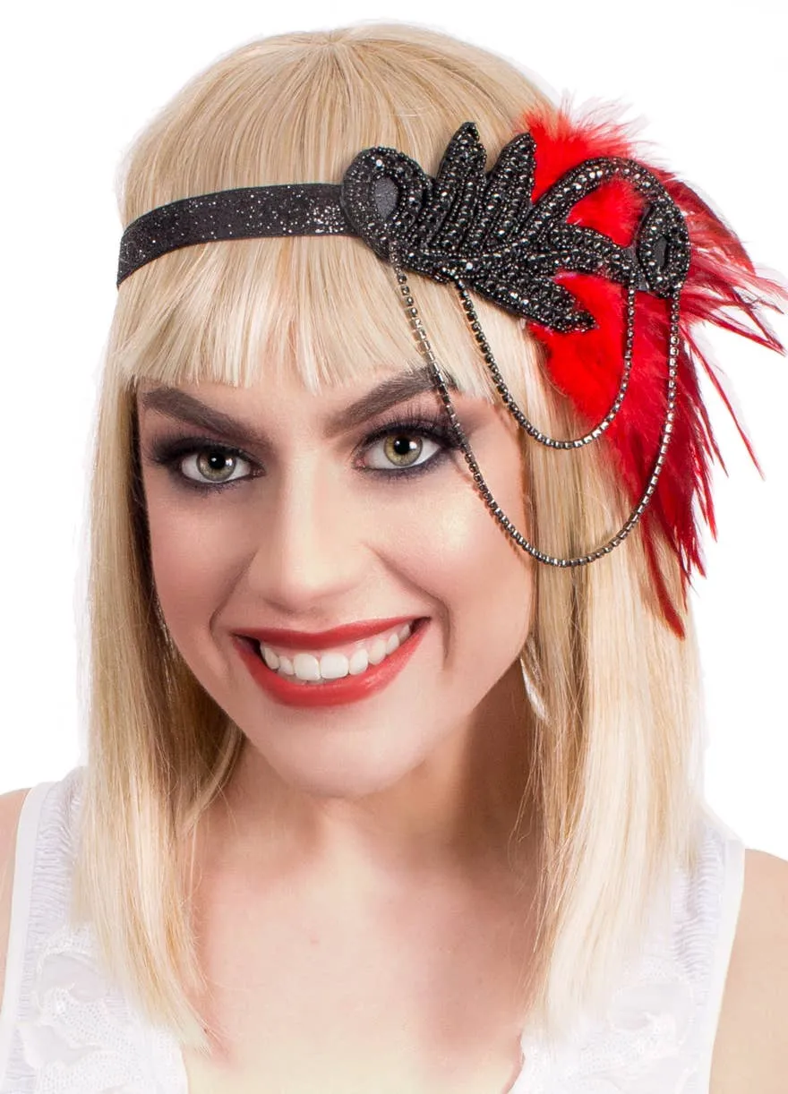 Great Gatsby Black Rhinestone Headband with Red Feathers