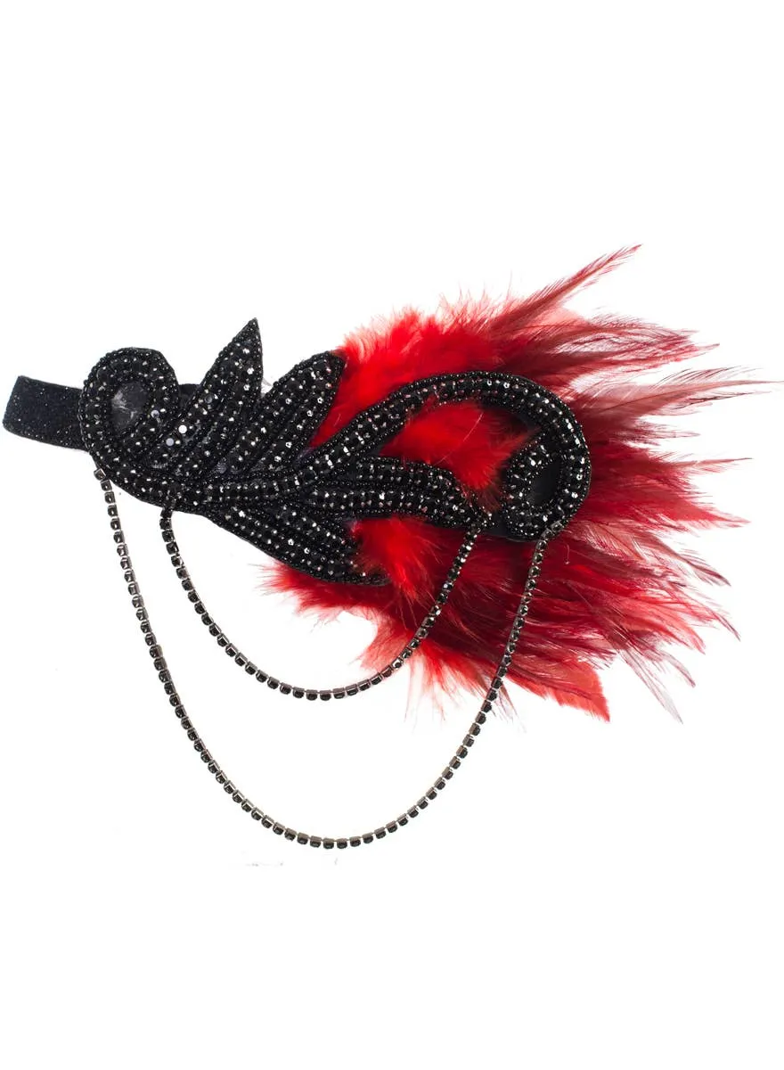 Great Gatsby Black Rhinestone Headband with Red Feathers