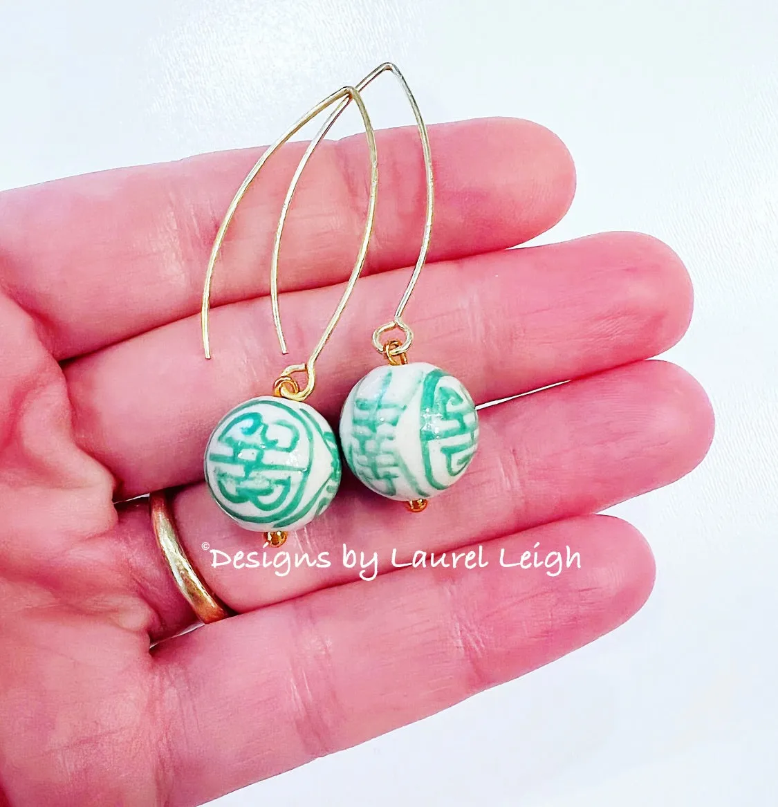 Green & White Chinoiserie Drop Earrings