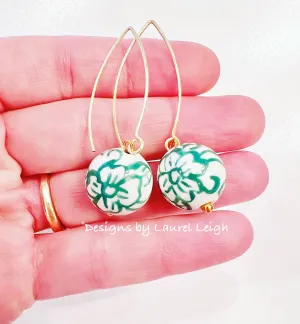 Green & White Chinoiserie Drop Earrings