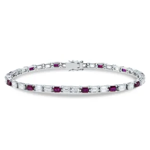 Halo Emerald Cut Ruby & Diamond Tennis Bracelet in 18K White Gold