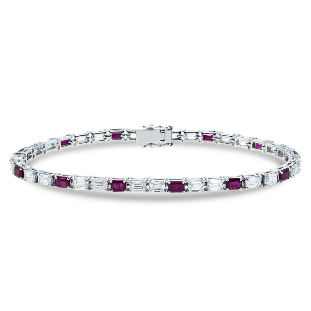 Halo Emerald Cut Ruby & Diamond Tennis Bracelet in 18K White Gold