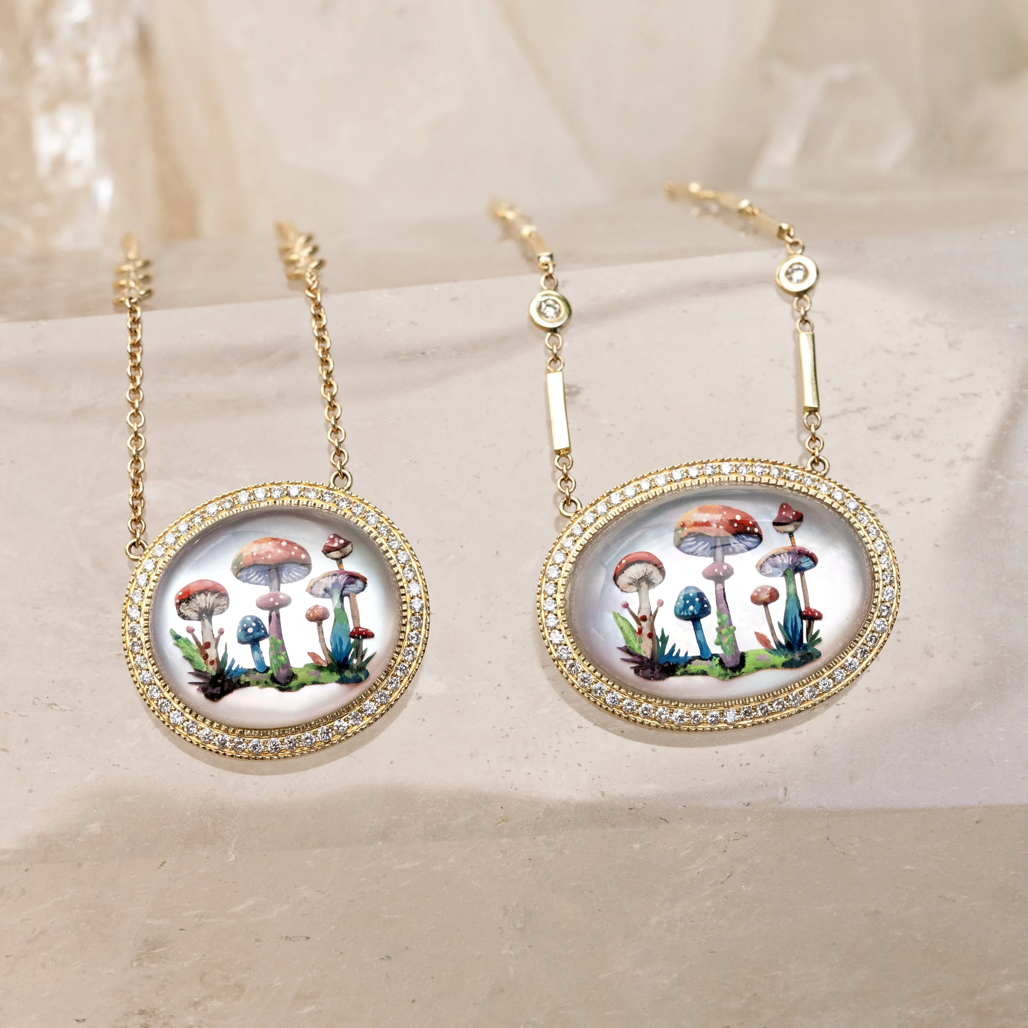 HAND PAINTED MUSHROOM GARDEN ON MOTHER OF PEARL NECKLACE