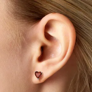 Heart Shape Stud Earrings in Sterling Silver -  Garnet