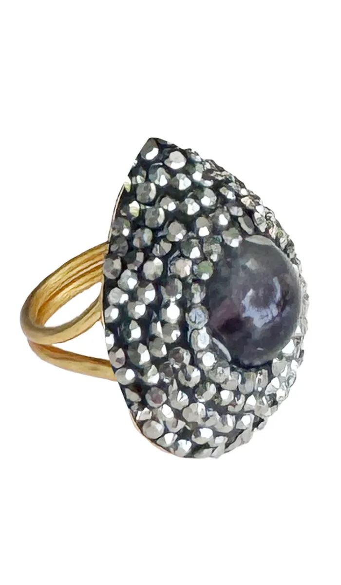 Jeweled Labradorite and Smoky Crystal Teardrop Cocktail Ring