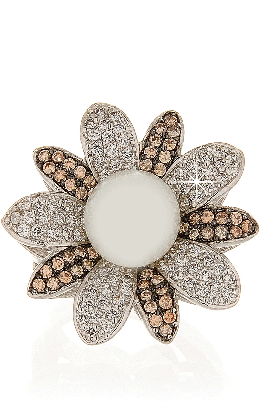 KENNETH JAY LANE FLOWER Silver Pearl Crystal Cocktail Ring