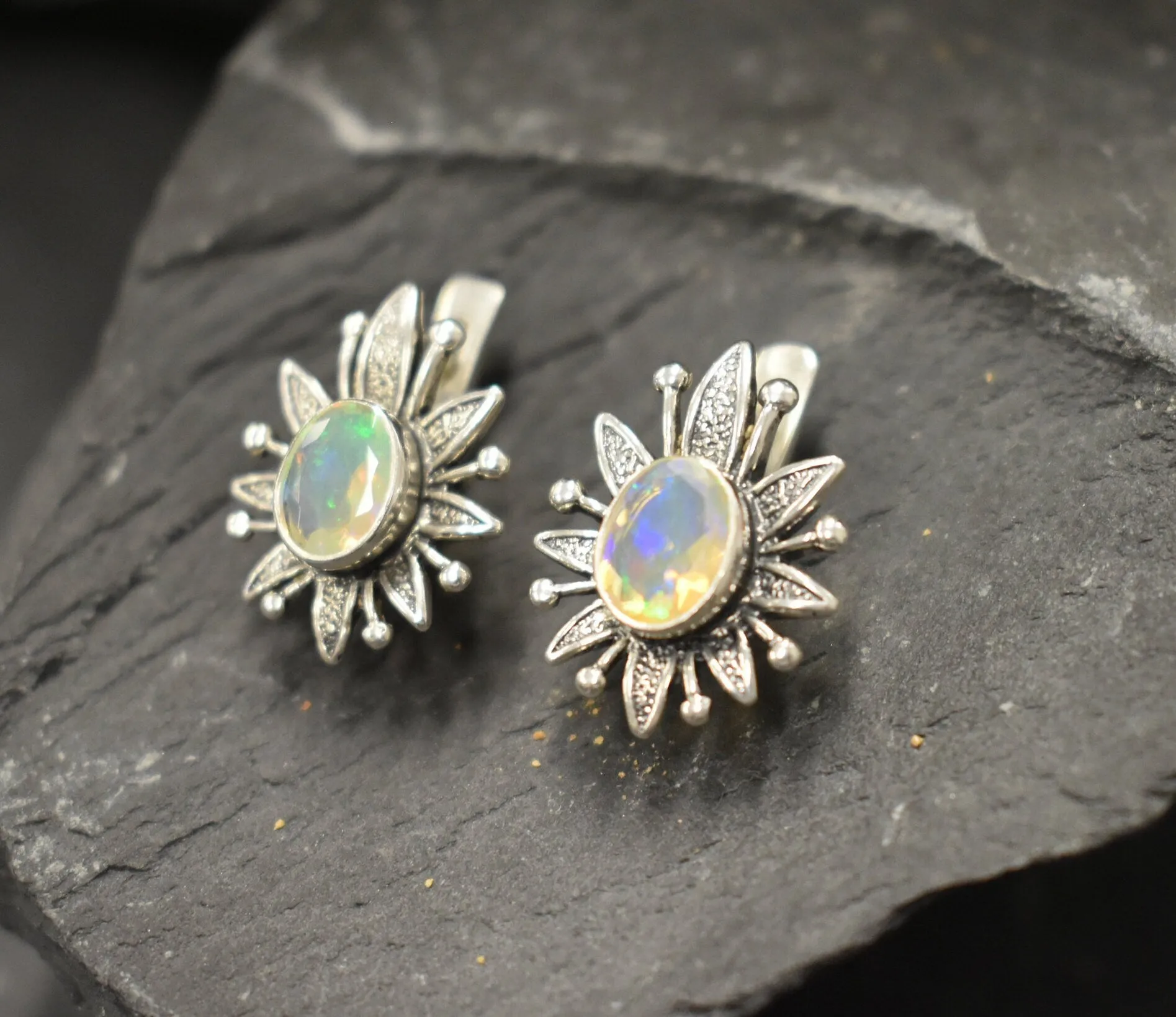 Large Opal Flower Earrings - Natural Opal Earrings - Vintage Statement Earrings