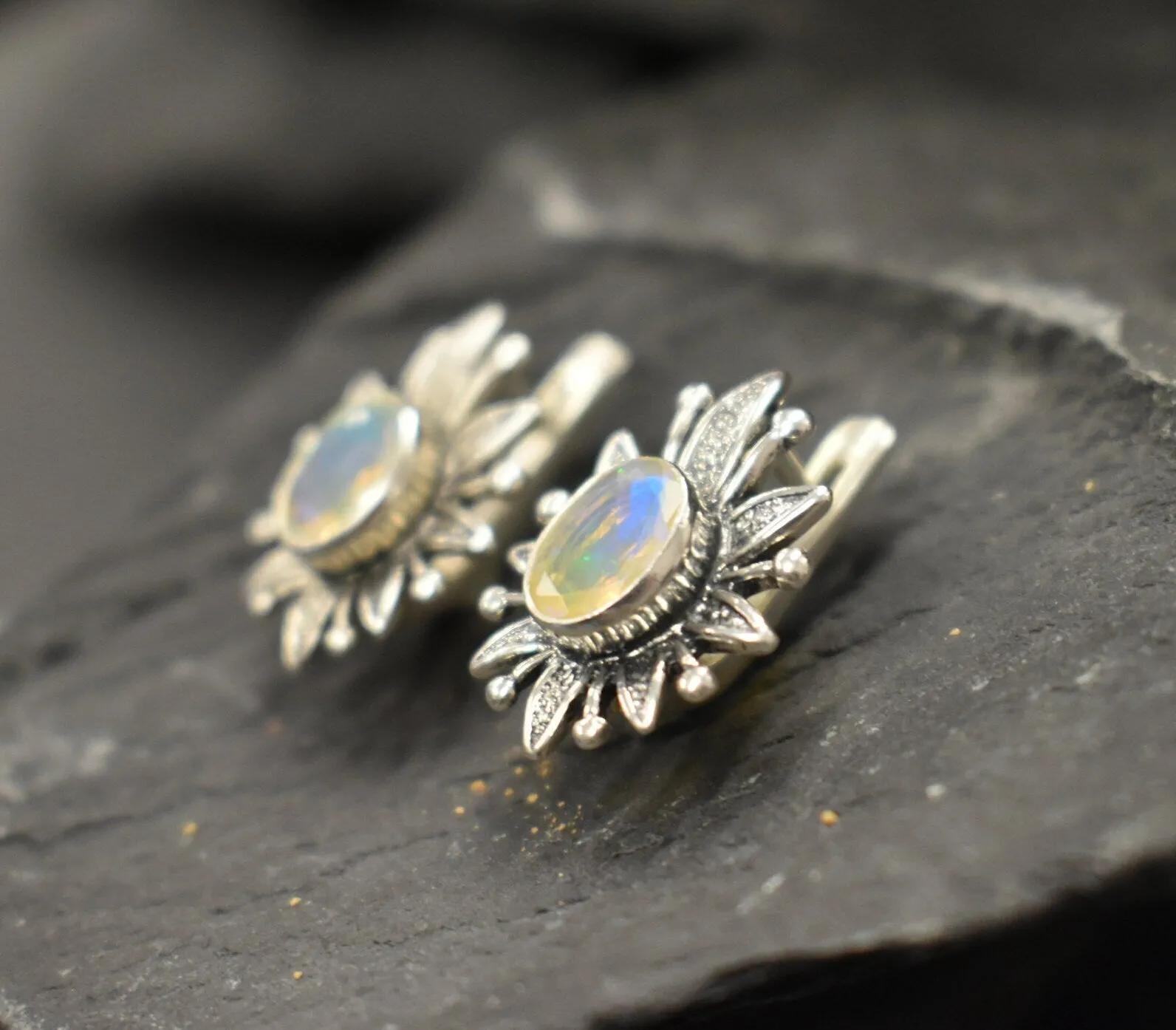 Large Opal Flower Earrings - Natural Opal Earrings - Vintage Statement Earrings