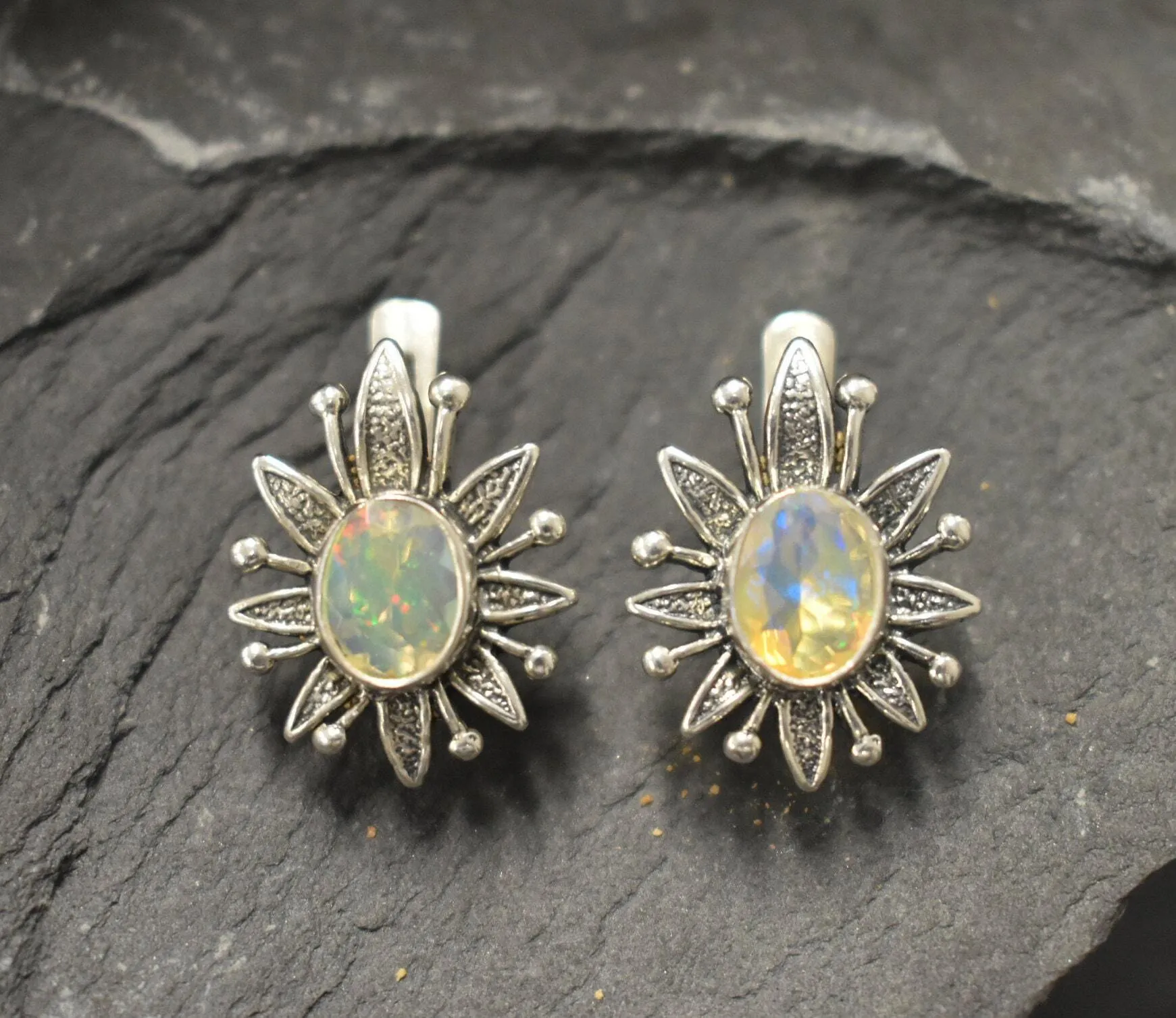 Large Opal Flower Earrings - Natural Opal Earrings - Vintage Statement Earrings