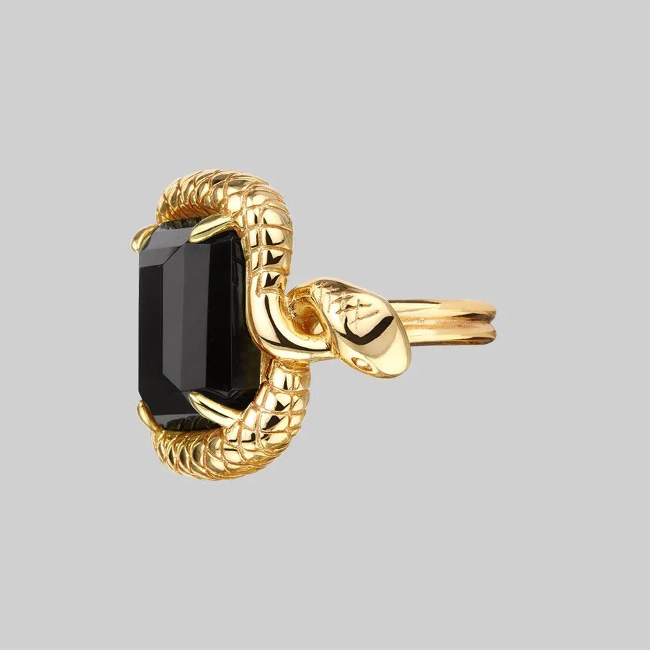 MALICE. Black Spinel Coiled Snake Cocktail Ring - Gold