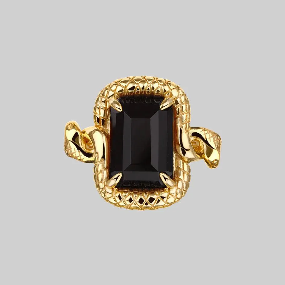 MALICE. Black Spinel Coiled Snake Cocktail Ring - Gold