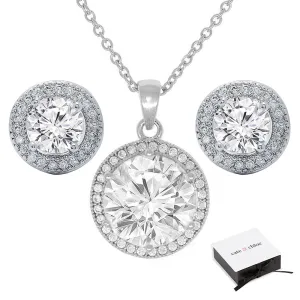 Mariah 18k Gold Round Cut CZ Halo Pendant Necklace and Earrings Jewelry Set