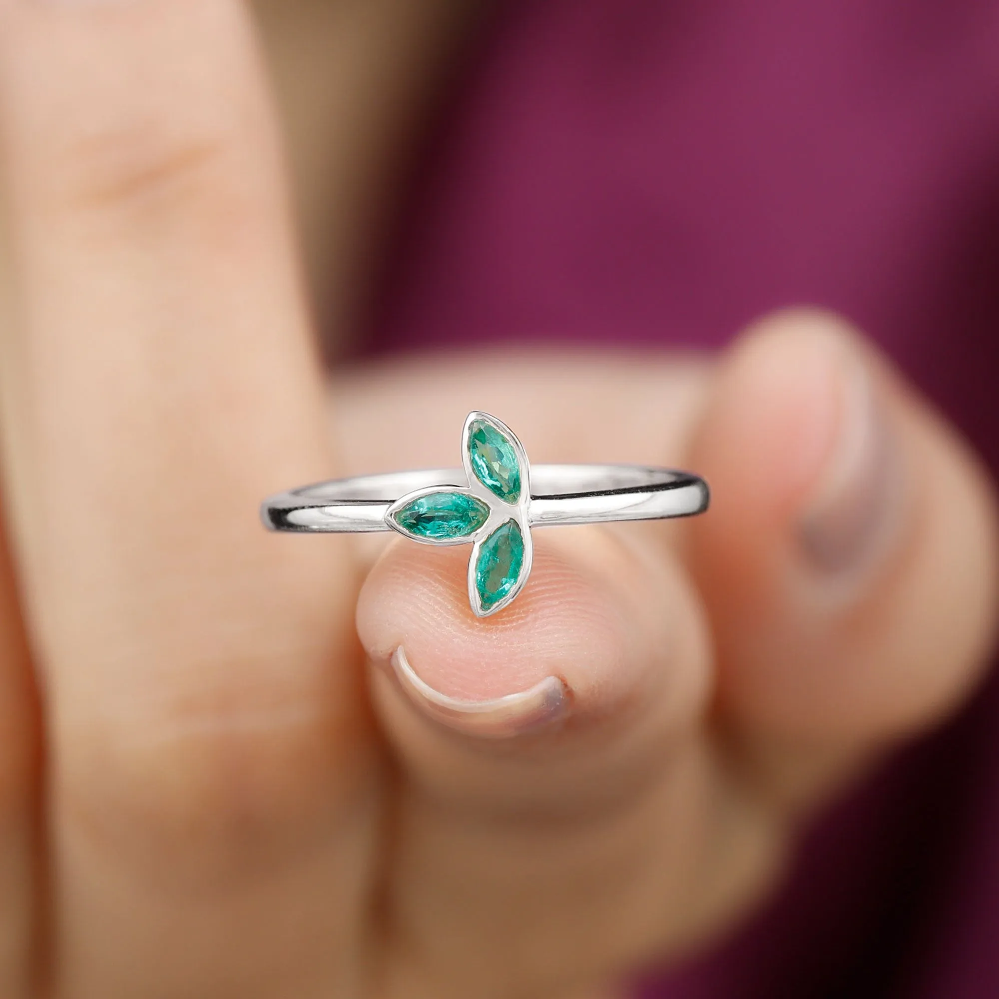 May Birthstone 1/2 CT Marquise Cut Emerald Petal Ring in Bezel Setting