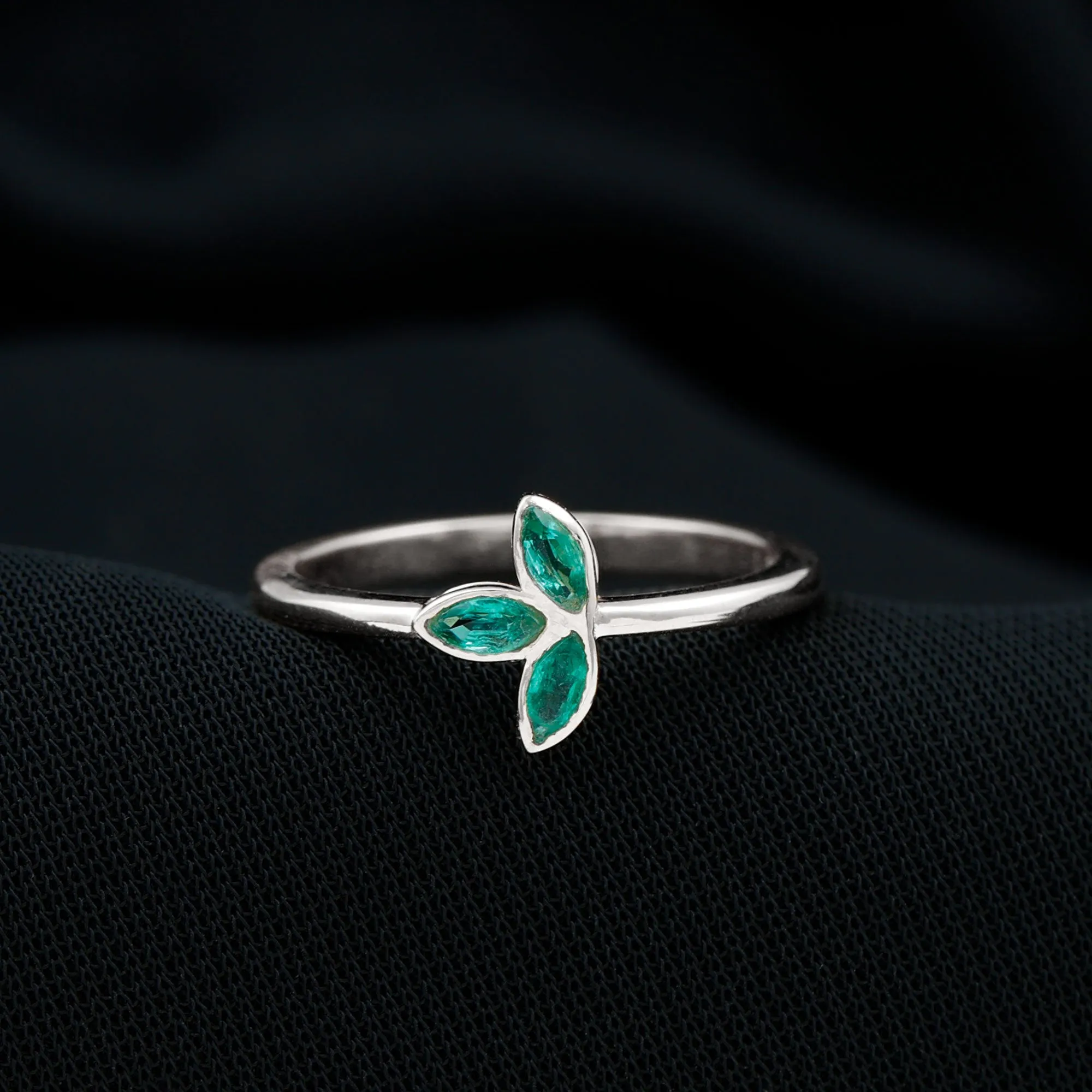 May Birthstone 1/2 CT Marquise Cut Emerald Petal Ring in Bezel Setting