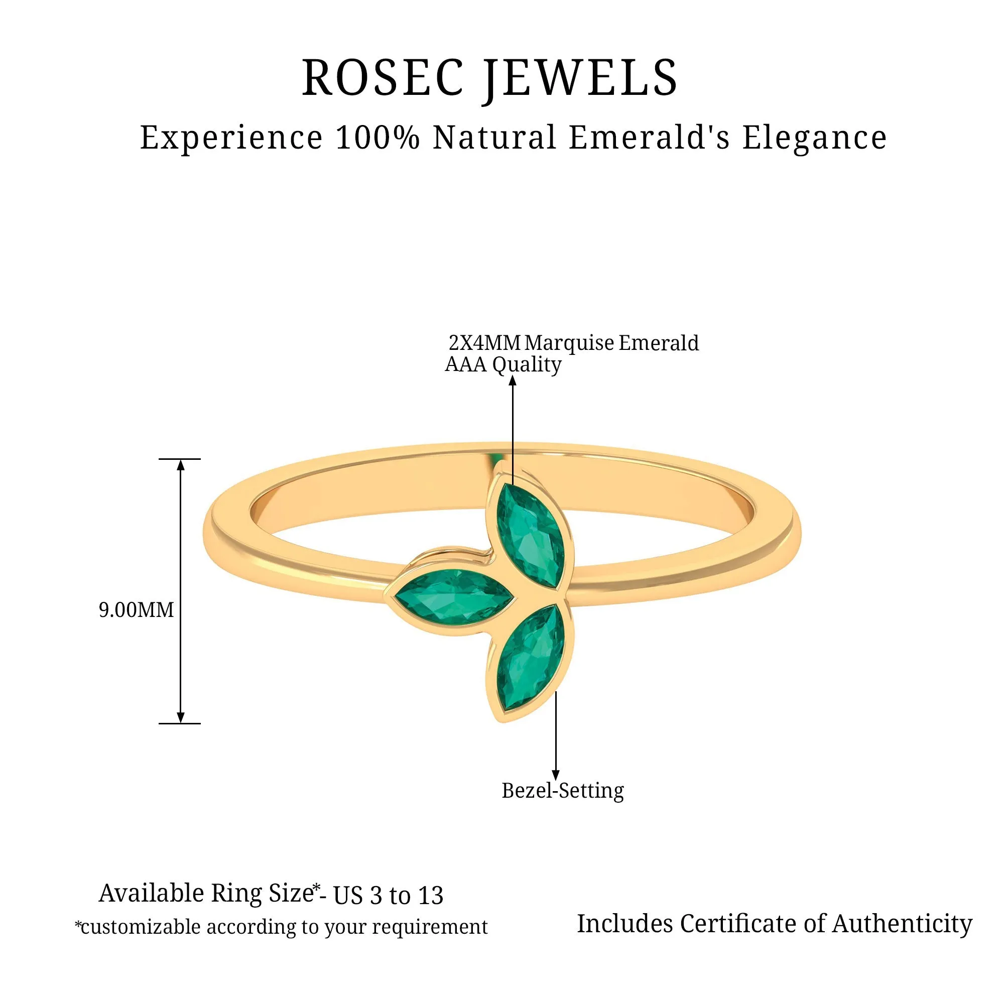 May Birthstone 1/2 CT Marquise Cut Emerald Petal Ring in Bezel Setting