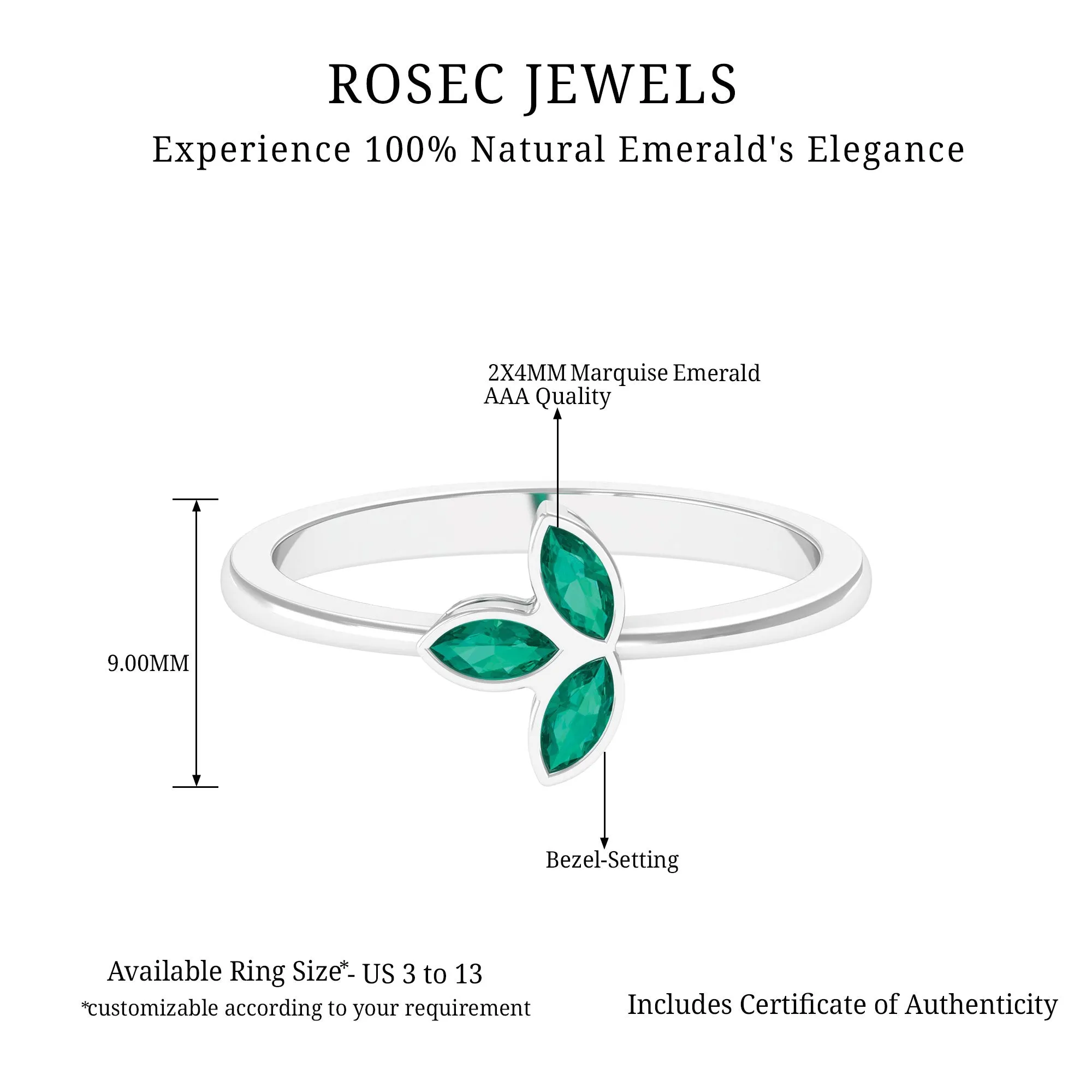 May Birthstone 1/2 CT Marquise Cut Emerald Petal Ring in Bezel Setting