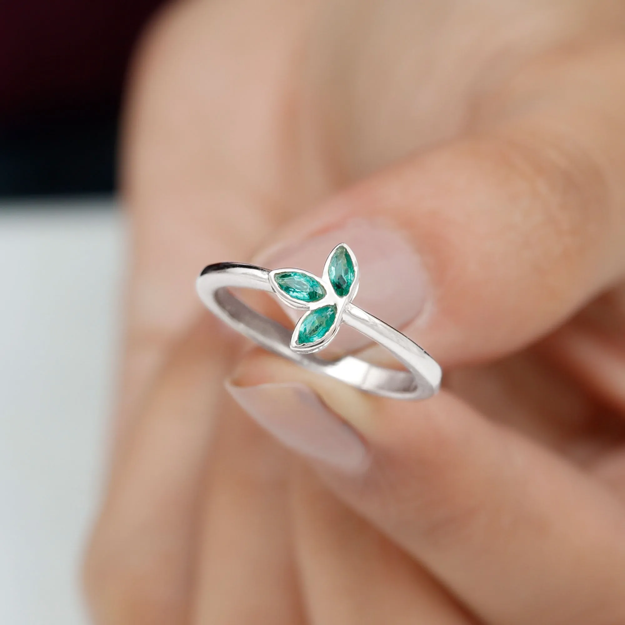 May Birthstone 1/2 CT Marquise Cut Emerald Petal Ring in Bezel Setting