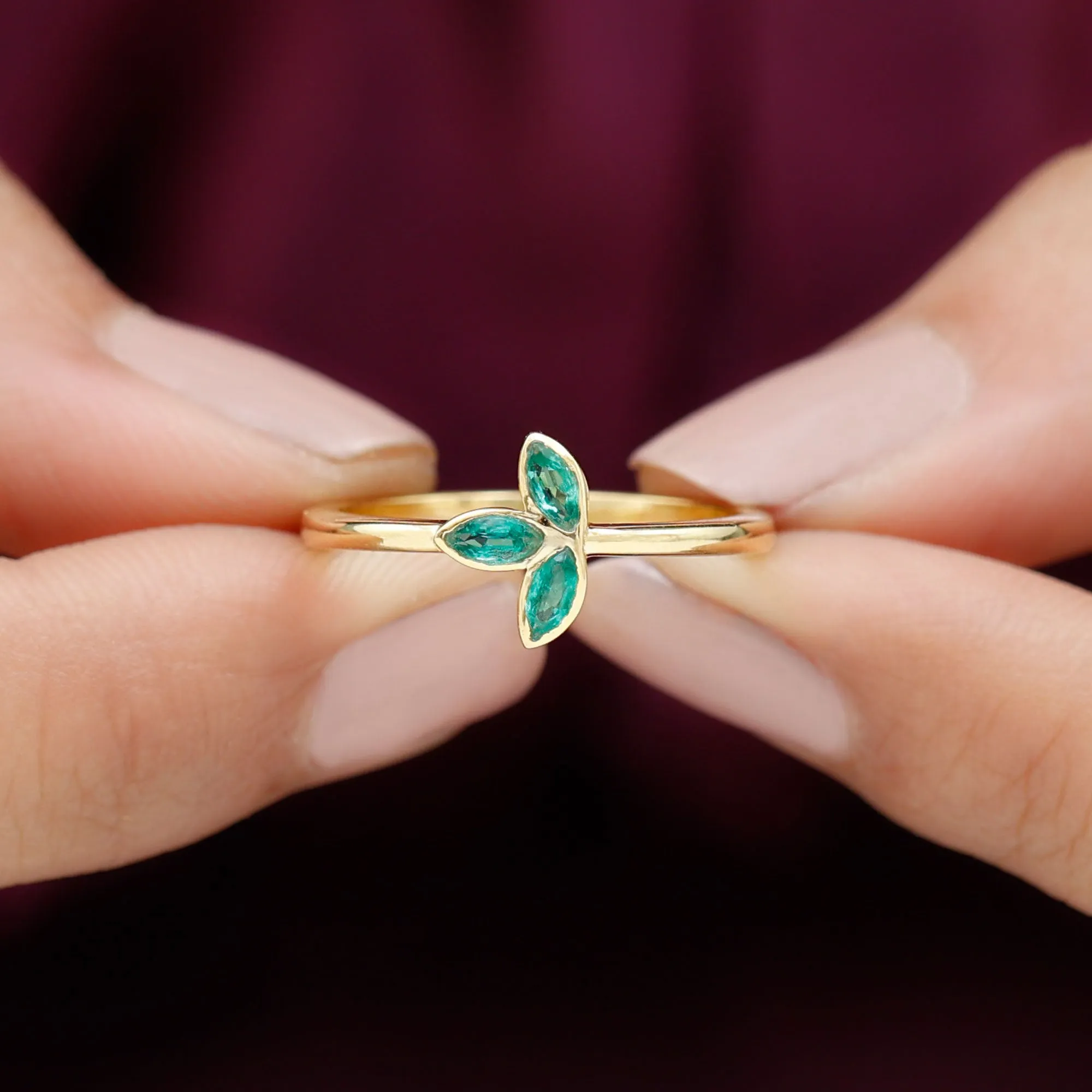 May Birthstone 1/2 CT Marquise Cut Emerald Petal Ring in Bezel Setting