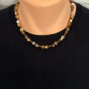 Mens Gray and Amber Agate and Wood Beaded Necklace