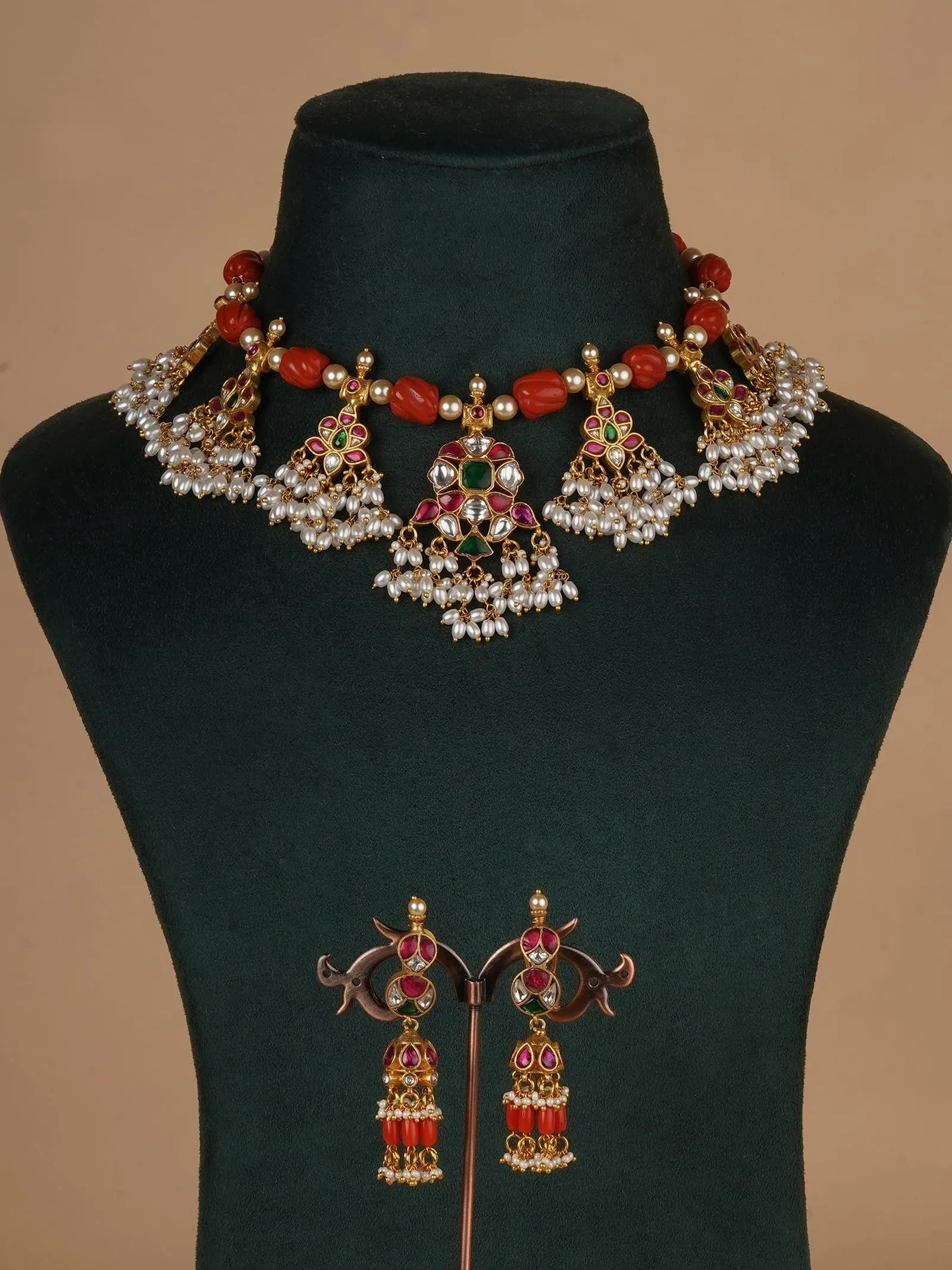 Multicolor Gold Plated Jadau Kundan Necklace Set - MS2256M