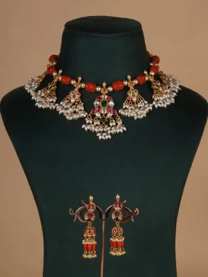 Multicolor Gold Plated Jadau Kundan Necklace Set - MS2256M