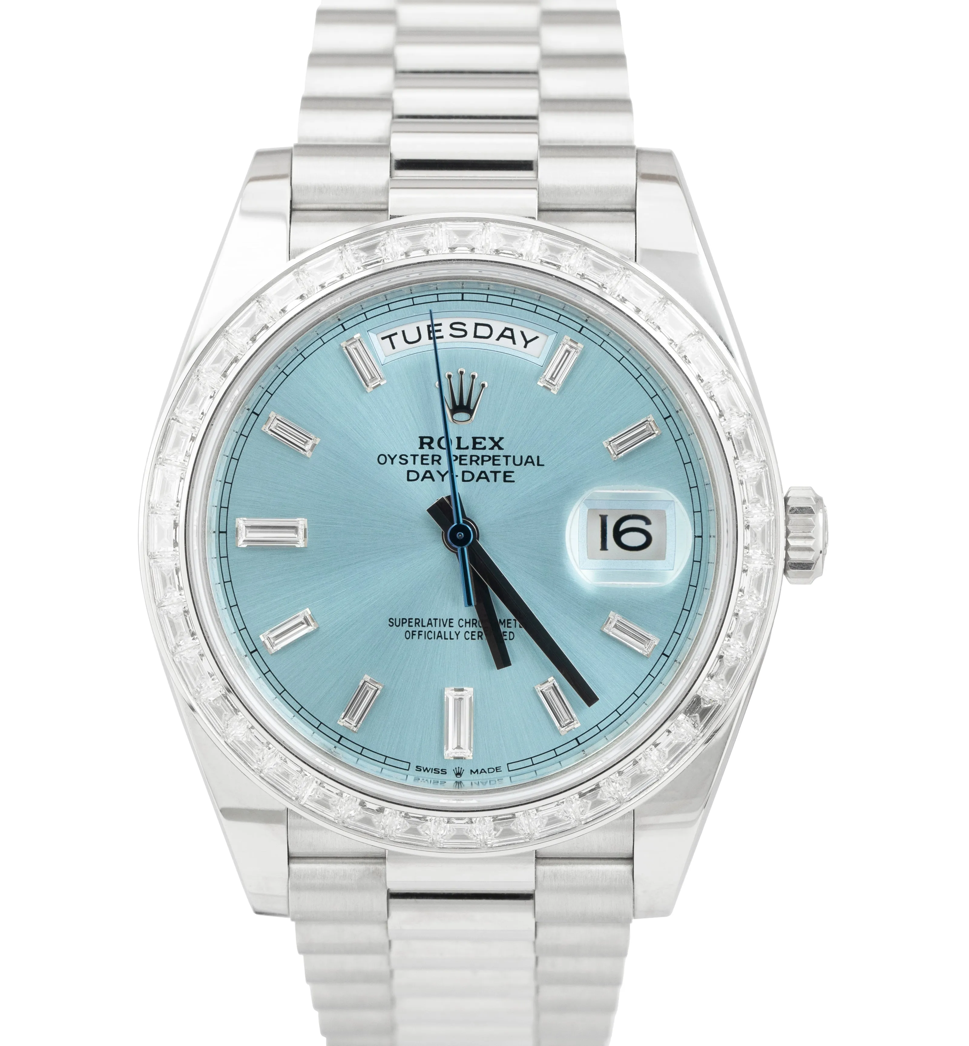 NEW Rolex Day-Date 40 President 40mm Platinum Glacier Blue BAGUETTE 228396 TBR