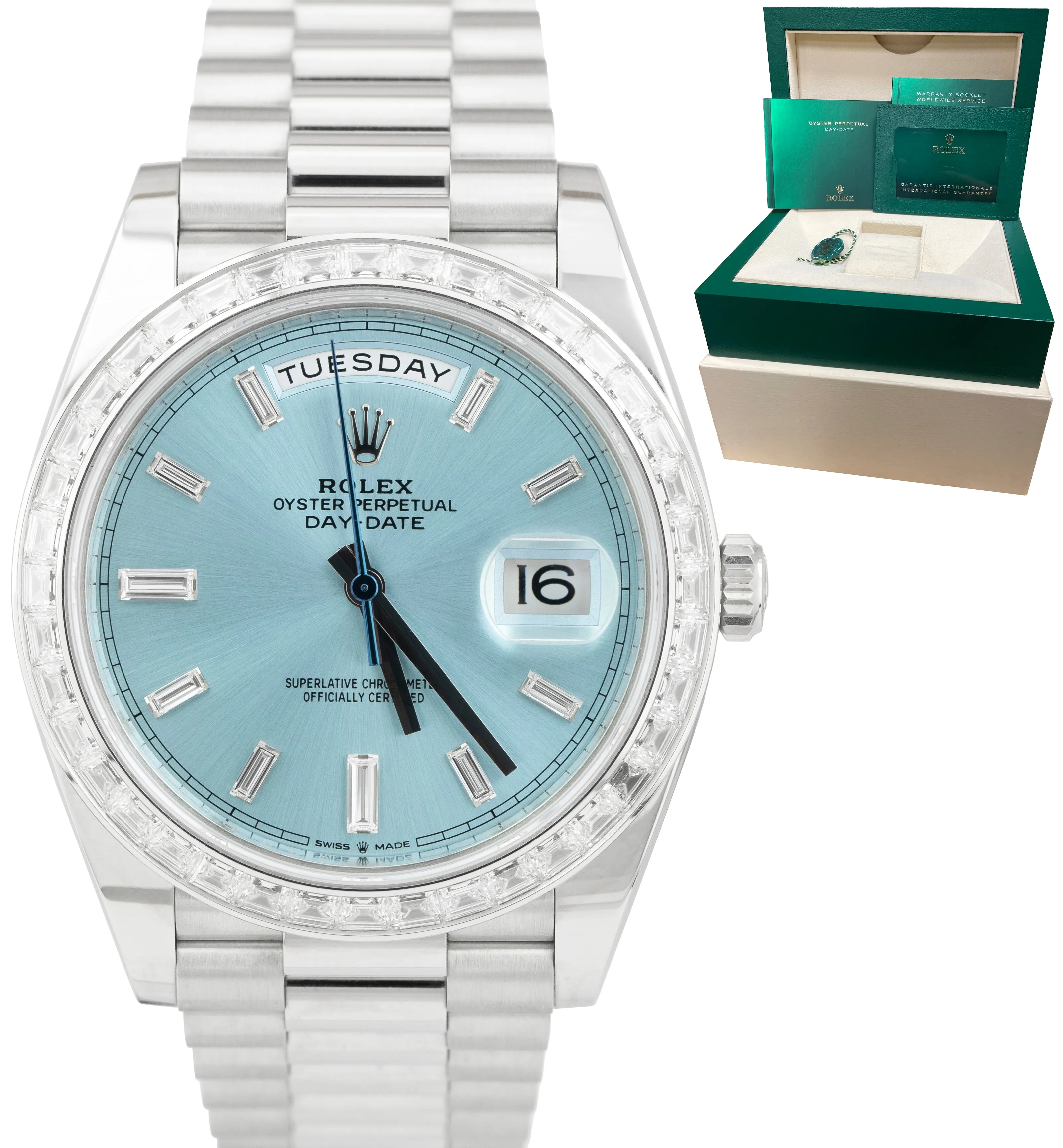 NEW Rolex Day-Date 40 President 40mm Platinum Glacier Blue BAGUETTE 228396 TBR