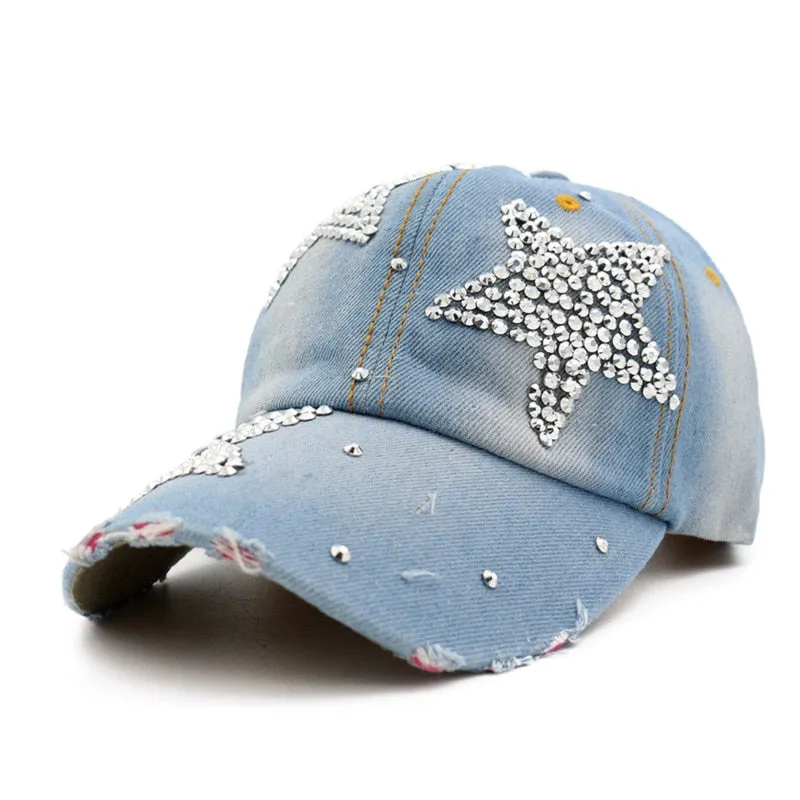 NEWBLOM Women Bling Tiara Distressed Denim Baseball Cap