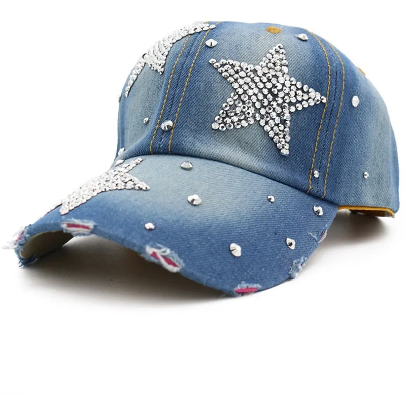 NEWBLOM Women Bling Tiara Distressed Denim Baseball Cap