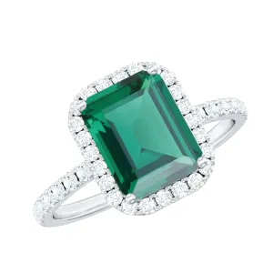 Octagon Lab Grown Emerald Halo Engagement Ring with Diamond