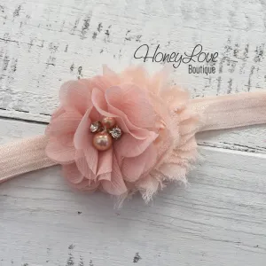 Peach shabby chiffon flower and rhinestone/pearl headband