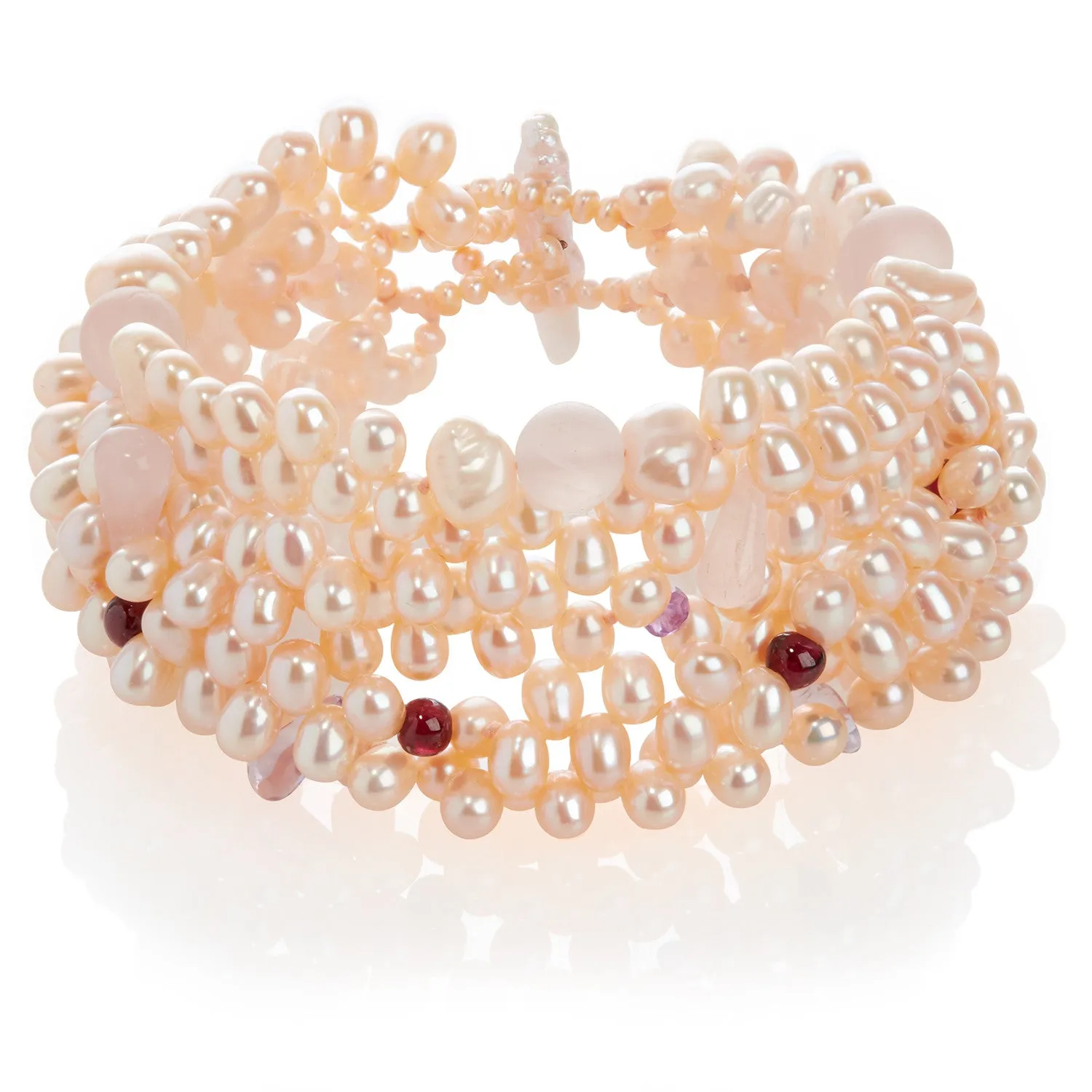 Pink Freshwater Pearl, Rose Quartz, Amethyst and Garnet 5 Strand Bracelet