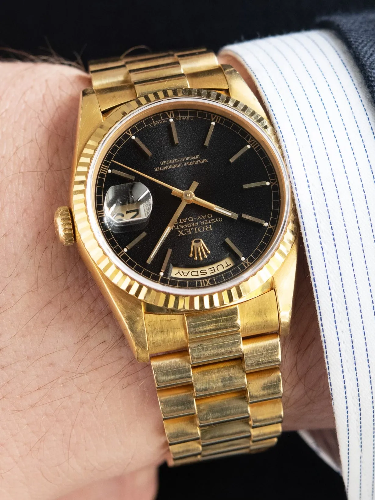 "Tropical" 1996 Rolex Day-Date 18K YG (Ref. 18238) Black Dial W/ Papers, Booklets, & Hang Tags