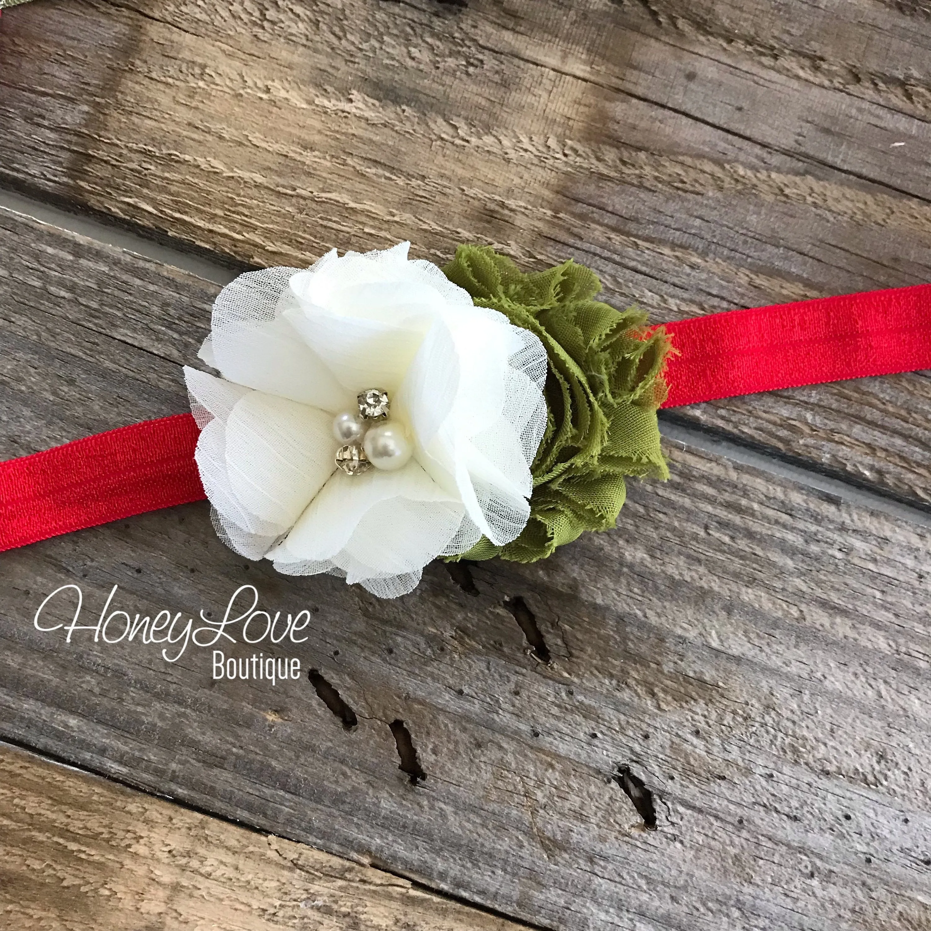 Red, Olive Green and Ivory shabby chiffon flower headband