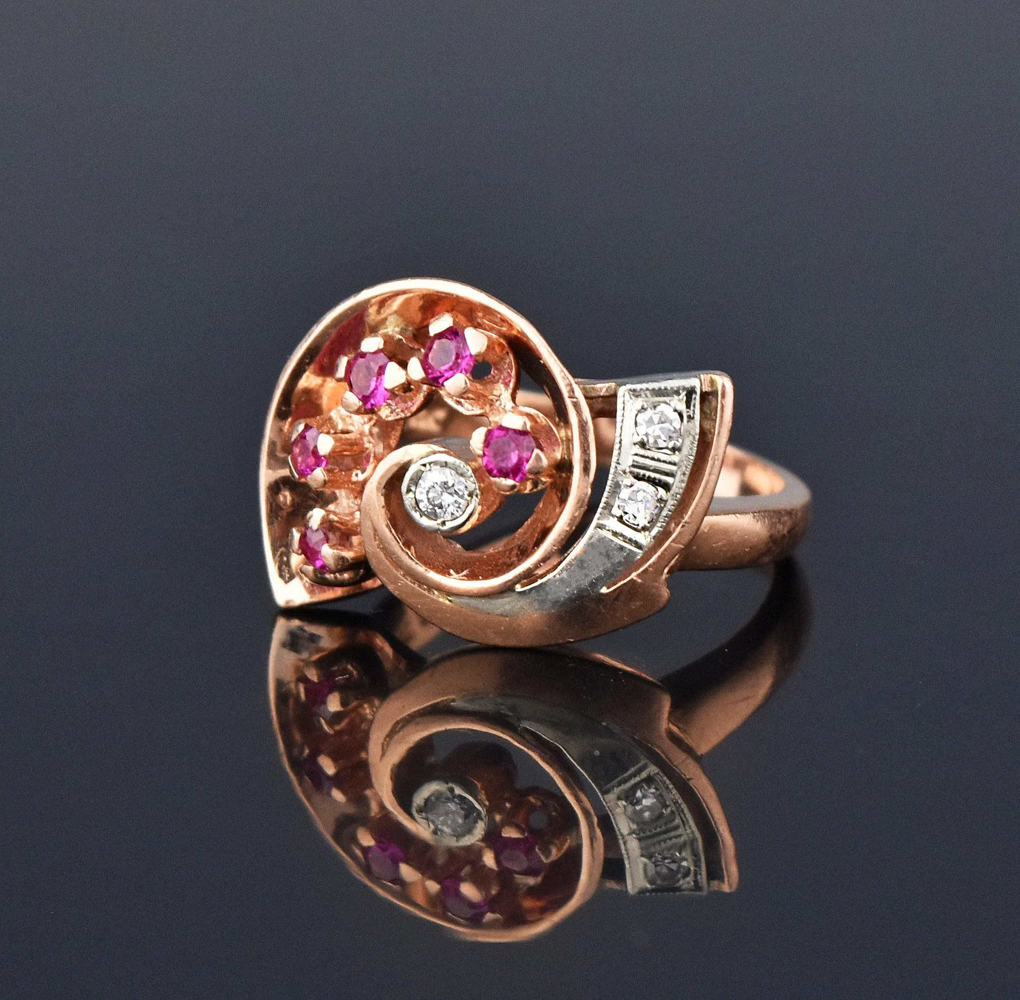 Retro 14K Rose Gold Diamond Ruby Ring, Nautilus Shell