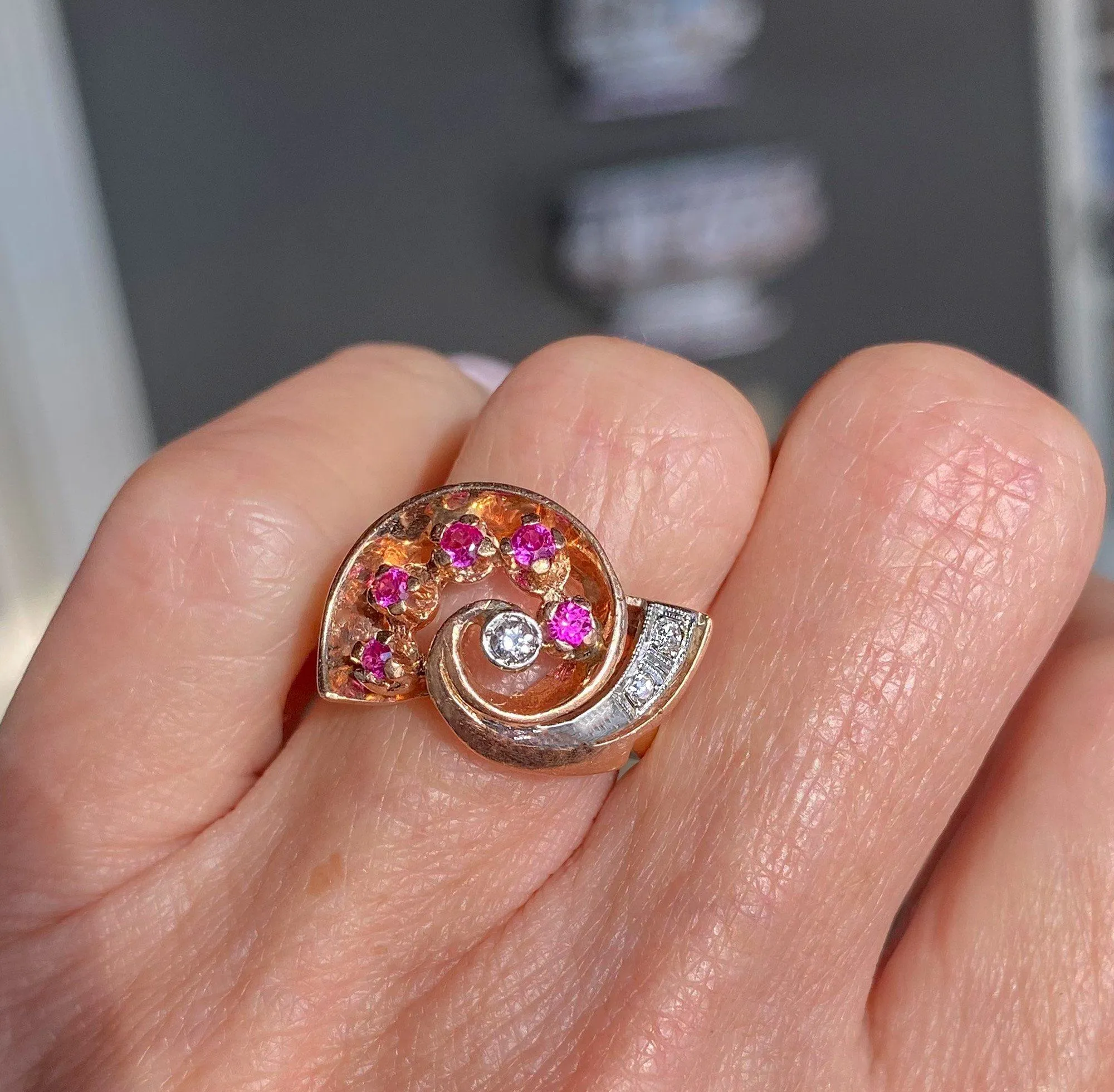 Retro 14K Rose Gold Diamond Ruby Ring, Nautilus Shell