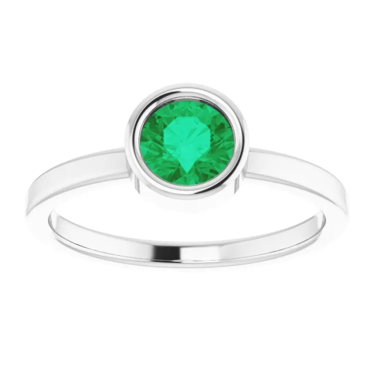 Rhodium-Plated Sterling Silver 5.5 mm Natural Emerald Ring