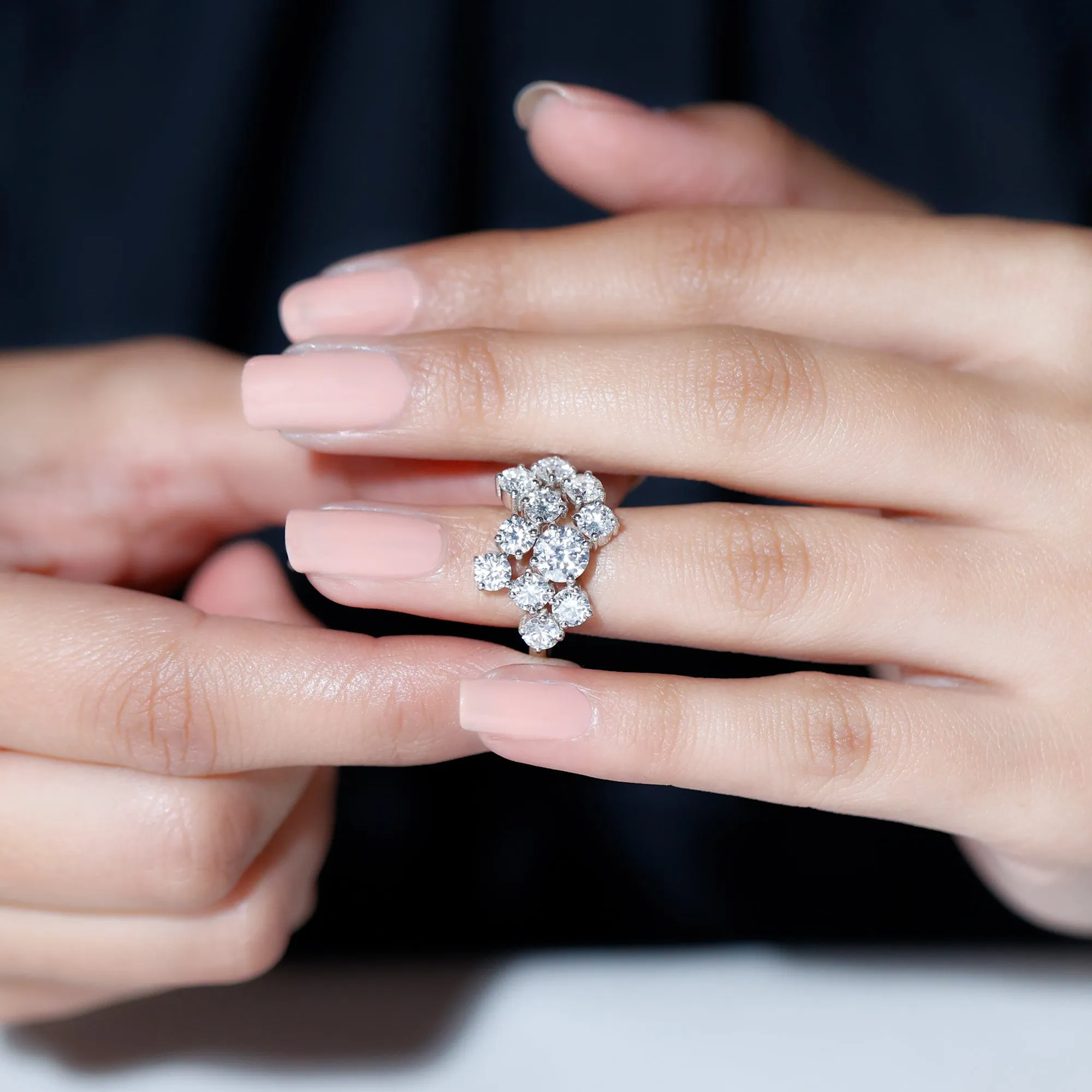 Round Moissanite Cluster Statement Cocktail Ring With Silver