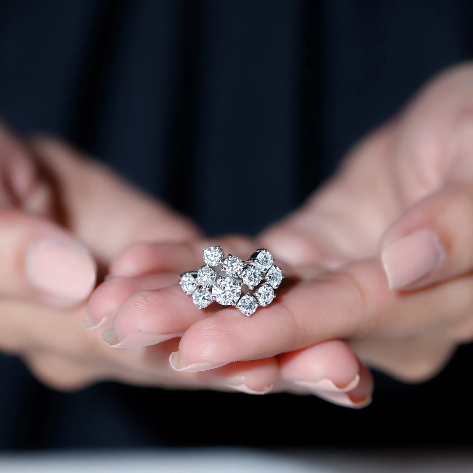 Round Moissanite Cluster Statement Cocktail Ring With Silver