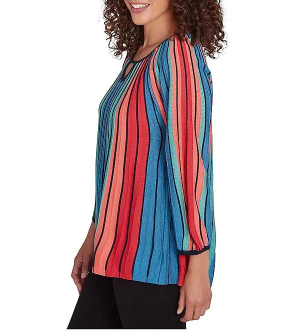 Ruby Rd. Womens Multicolor Vertical Stripe Keyhole Neck Sweater