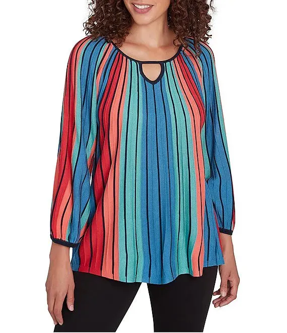 Ruby Rd. Womens Multicolor Vertical Stripe Keyhole Neck Sweater